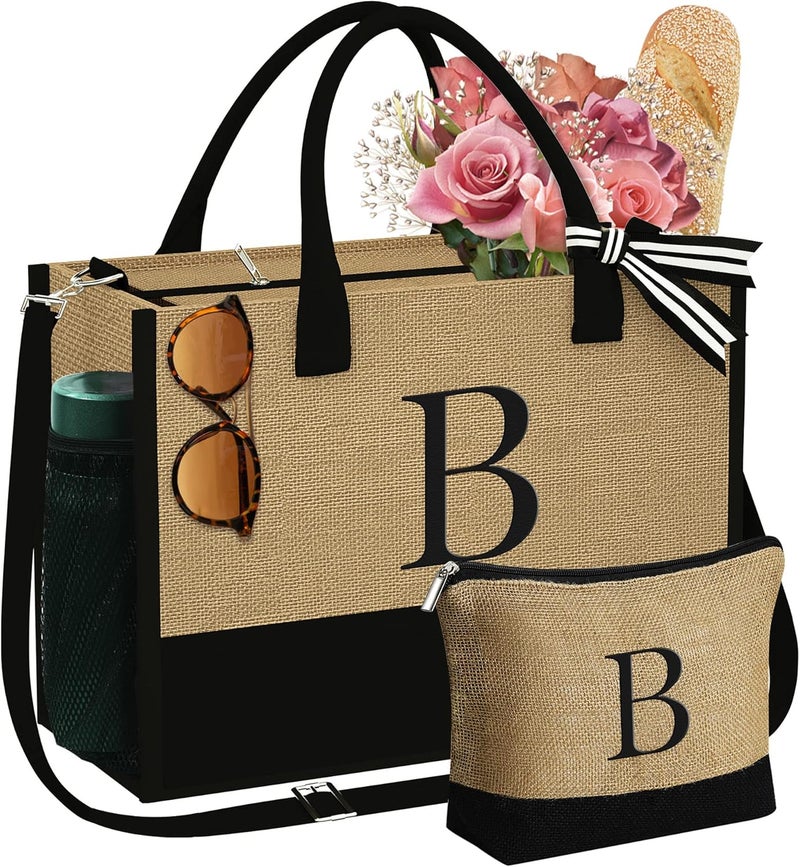 YOOLIFE Gifts for Women - Initial Jute Tote Bag & Makeup Bag, Valentines Day Gifts for Her Teacher Mom Wife Friend Birthday - Image 1